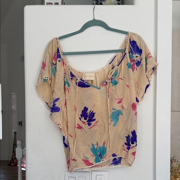 Yumi Kim Tops - Yumi Kim Beige Floral Scoop-Neck Blouse with Blue & Teal Flowers